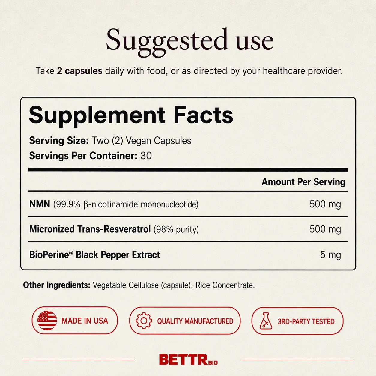 Bettr Bio NMN + Resveratrol Supplement Facts