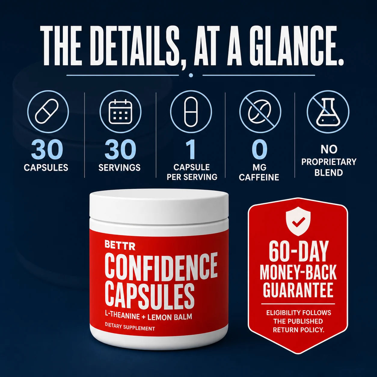 Confidence Capsules count, servings, caffeine status, formula disclosure, and 60-day guarantee details