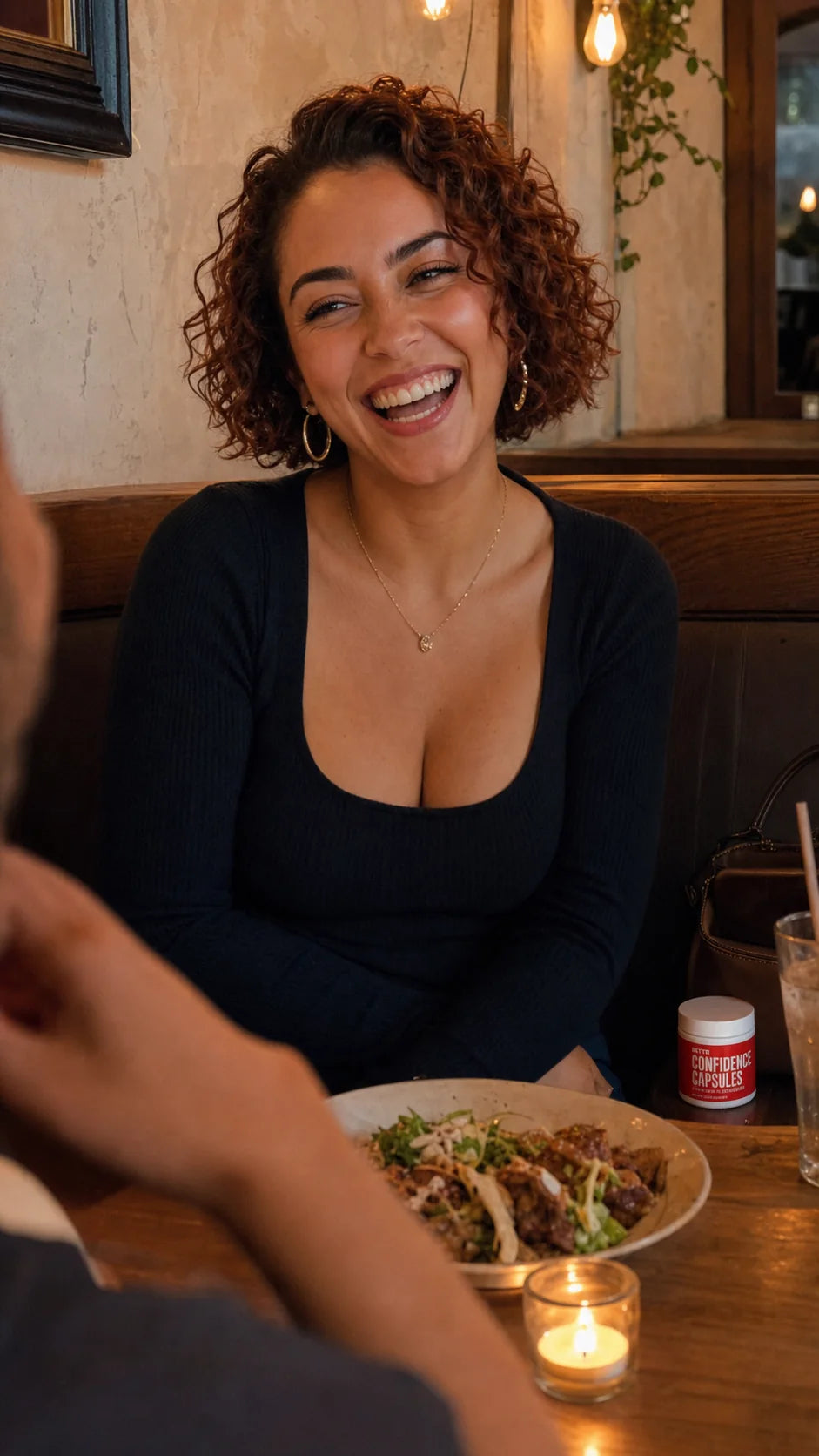 Woman laughing with her date at a neighborhood restaurant