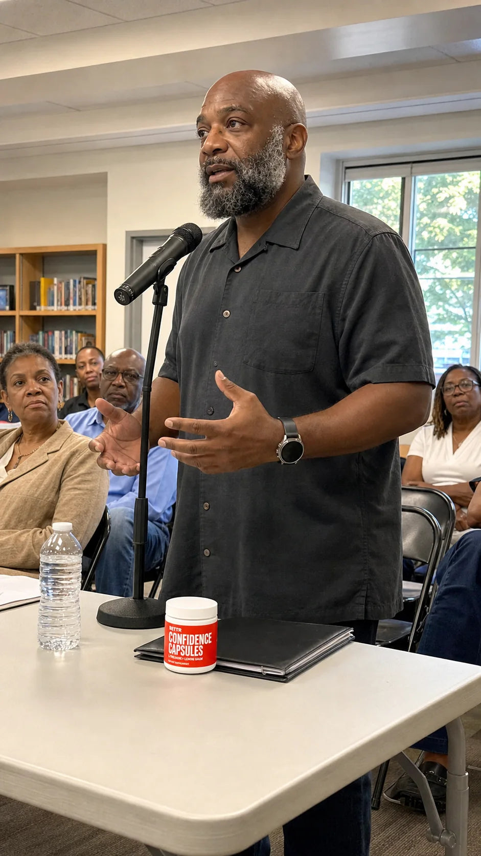 Man speaking clearly at a community-board meeting