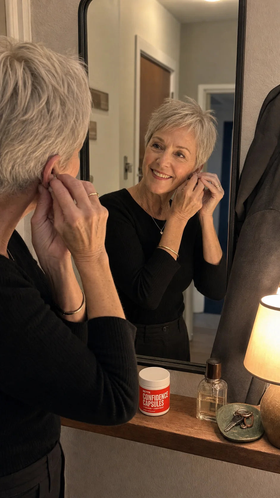 Woman getting ready for book club with Confidence Capsules nearby