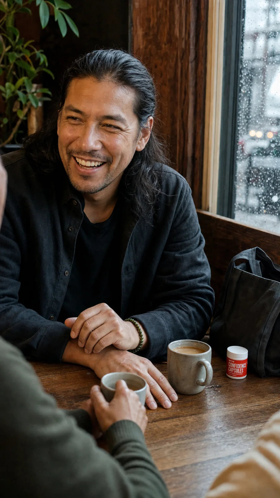 Man laughing in a real cafe conversation with Confidence Capsules nearby