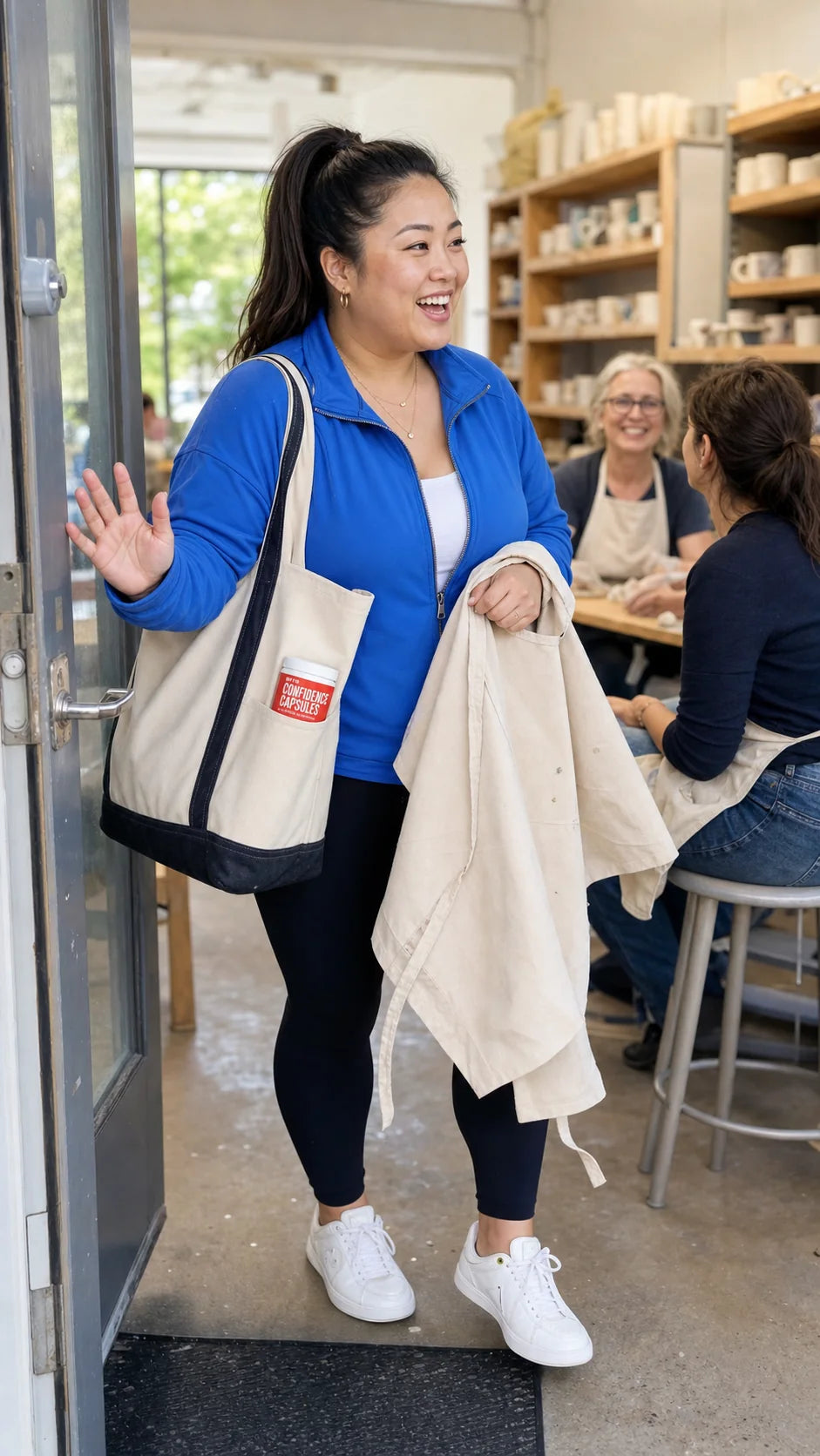 Woman arriving at a community pottery class with Confidence Capsules in her tote