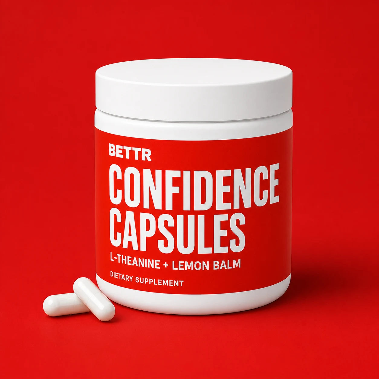 BETTR BIO Confidence Capsules stock-white jar on a red studio background