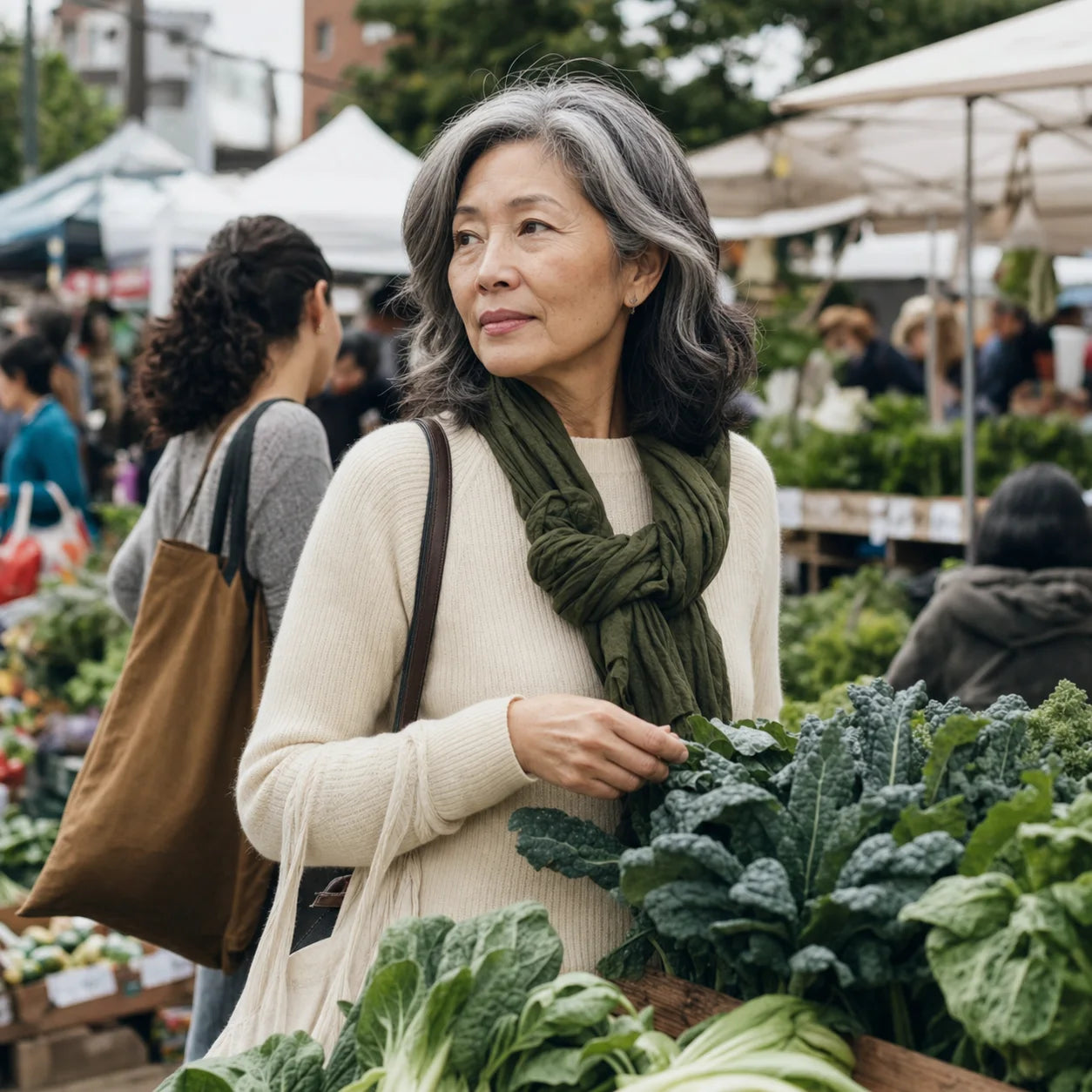 Woman moving calmly through a busy market