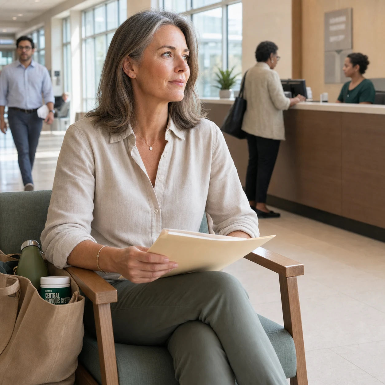 Woman staying composed during a busy caregiving appointment