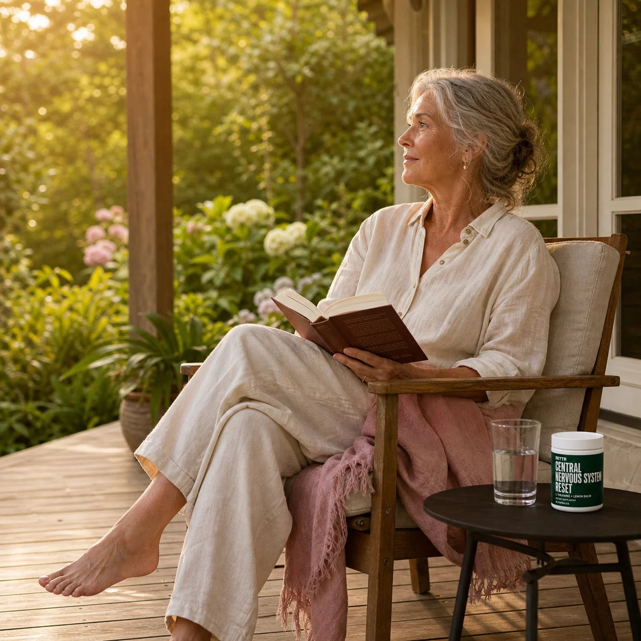 Woman reading peacefully on a porch