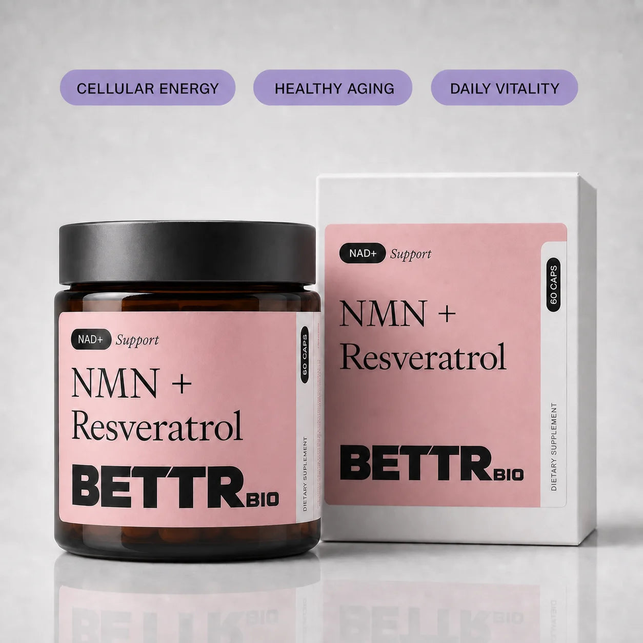 Bettr Bio NMN + Resveratrol bottle and carton