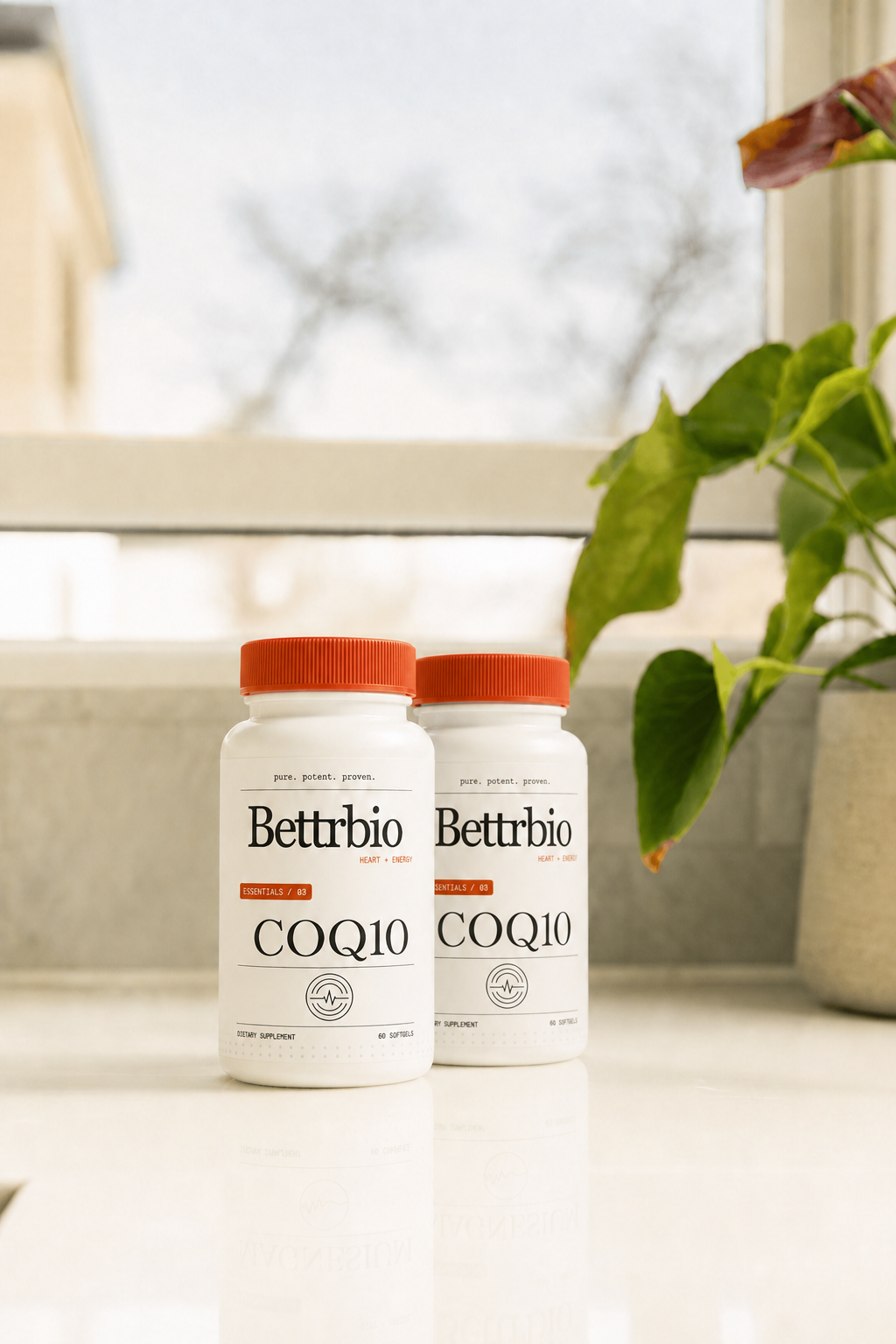 Two Bettrbio CoQ10 bottles on a kitchen counter