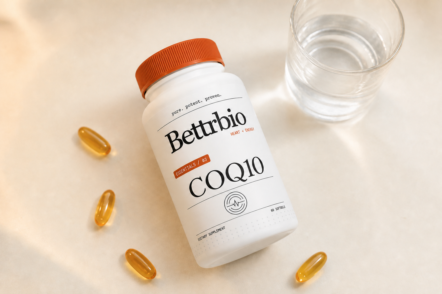 Bettrbio CoQ10 bottle with softgels and water