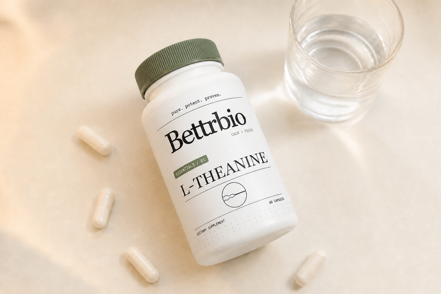 Bettrbio L-Theanine bottle with capsules and water