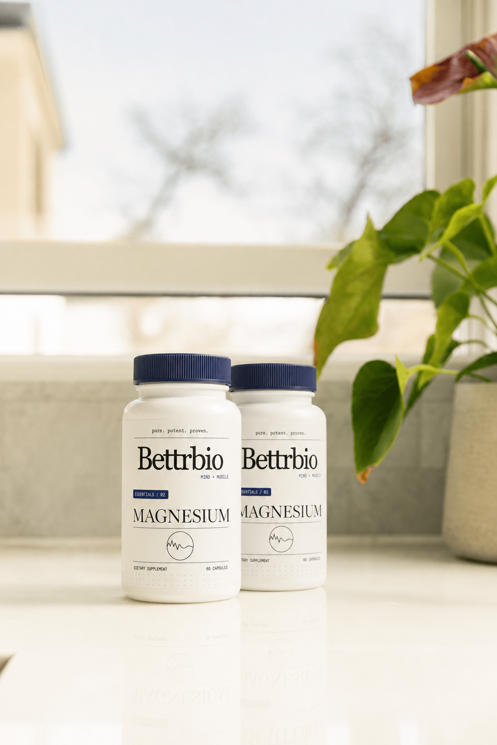 Two Bettrbio Magnesium bottles on a kitchen counter