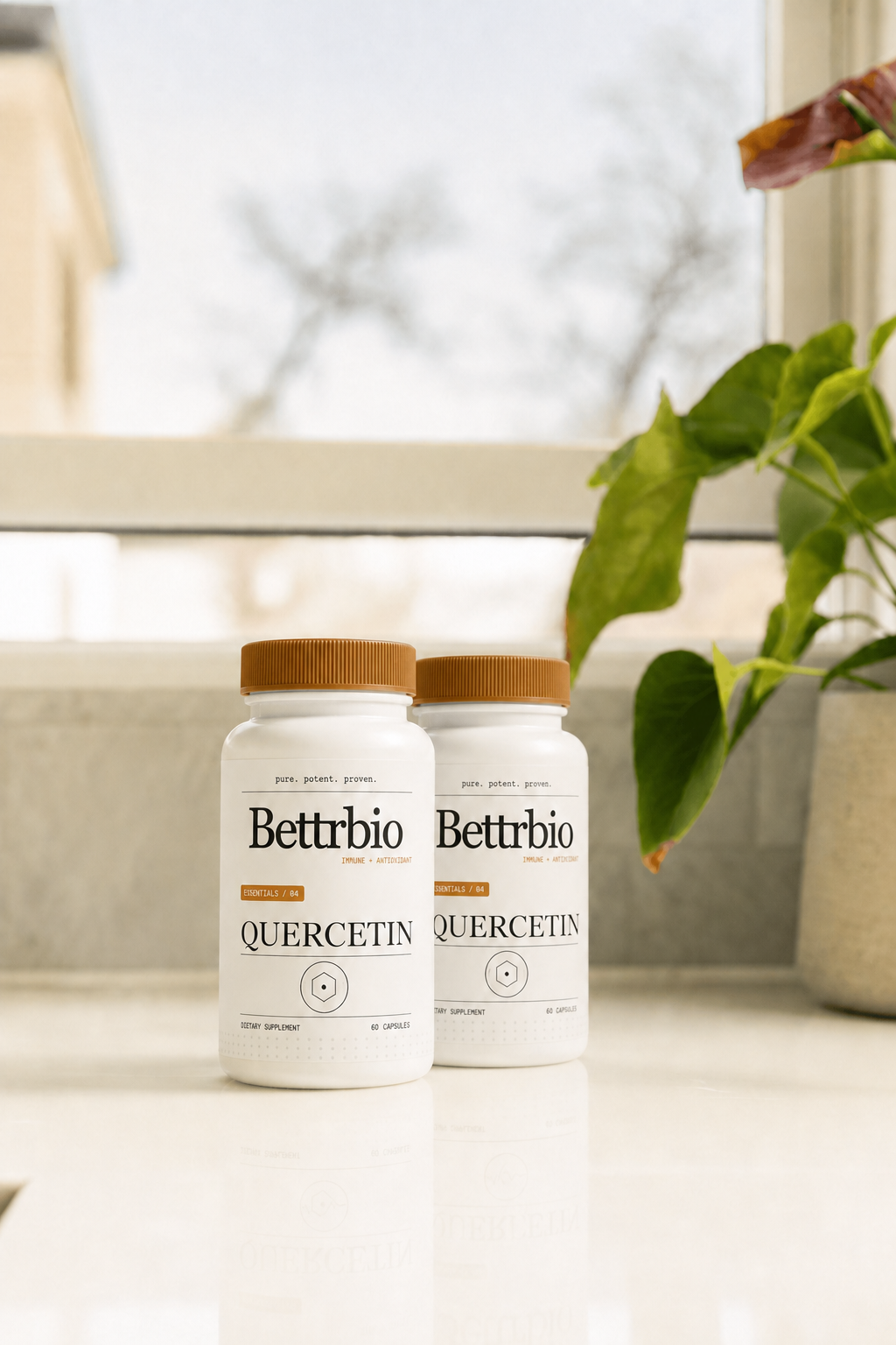 Quercetin bottles in a kitchen