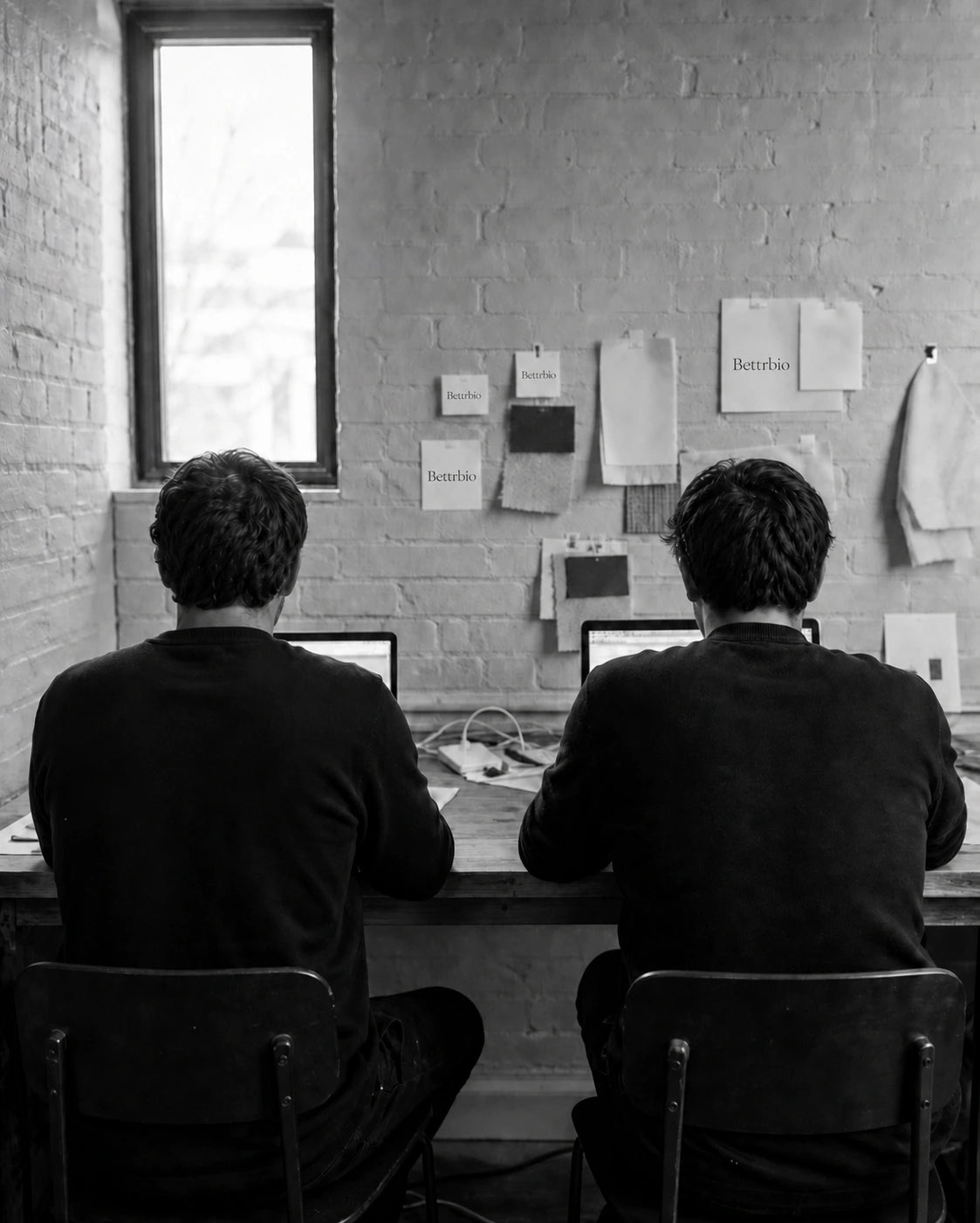 Bettrbio wordmarks in a founder workspace with two team members seen from behind at laptops