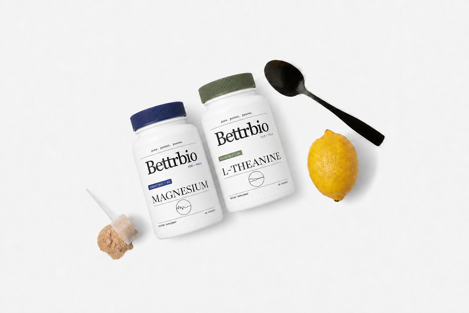 Bettrbio Magnesium and L-Theanine in a top-down studio scene